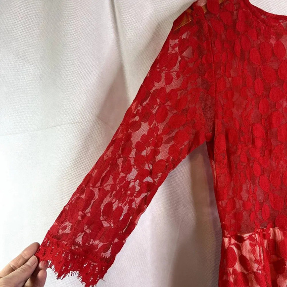 Free People 3/4‎ Sleeve Mesh Lace Overlay Dress Red Size 4 - Picture 4 of 10